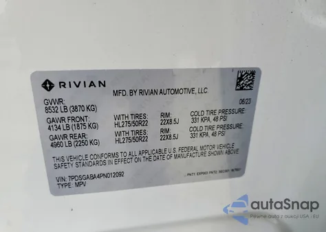 2023 Rivian R1S Adventure z USA, uszkodzony, nr VIN 7PDSGABA4PN012092